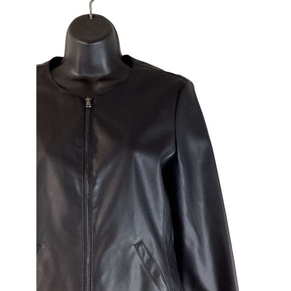 Ann Taylor Womens Faux Leather Jacket Solid Black Full Zip Mock Neck Ruffled 4 - Picture 4 of 12